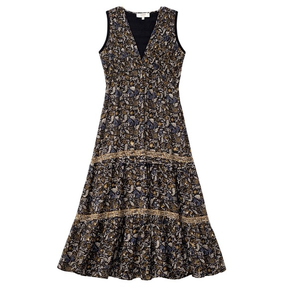 Sea New York Dresses & Skirts - Sea New York Floral Smocked Tiered Midi Dress Black Gold Metallic Lurex Size 6